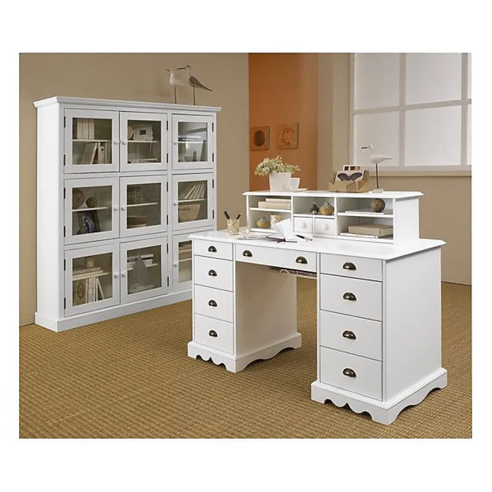 Bibliothèque Vitrine Blanche 9 Portes Vitrées Style Anglais L 163 H 170 P 37 cm - L 163 x l 37 x H 170 cm