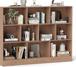 Bibliothèque,avec 10 Cubes Ouvertes, Étagère à 3 Niveaux pour Livres Jouets, pour Salon,Chambre, 140x24x104CM (Naturel)