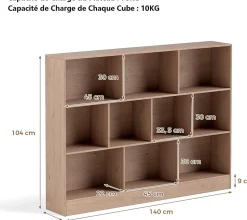 Bibliothèque,avec 10 Cubes Ouvertes, Étagère à 3 Niveaux pour Livres Jouets, pour Salon,Chambre, 140x24x104CM (Naturel)