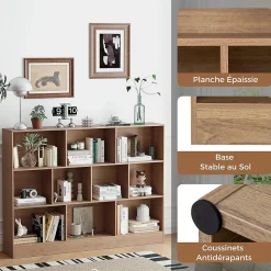Bibliothèque,avec 10 Cubes Ouvertes, Étagère à 3 Niveaux pour Livres Jouets, pour Salon,Chambre, 140x24x104CM (Naturel)