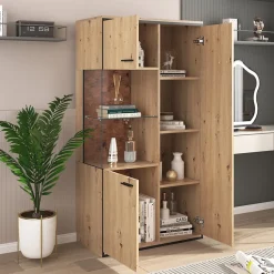 Bibliothèques Vitrines avec LED Multicolores et Étagères en Verre - design Moderne - 78x40x150 cm - Naturel