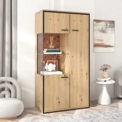 Bibliothèques Vitrines avec LED Multicolores et Étagères en Verre - design Moderne - 78x40x150 cm - Naturel
