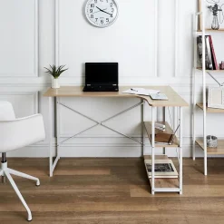 BIWO - Bureau d'Angle Blanc et avec 2 Tablettes