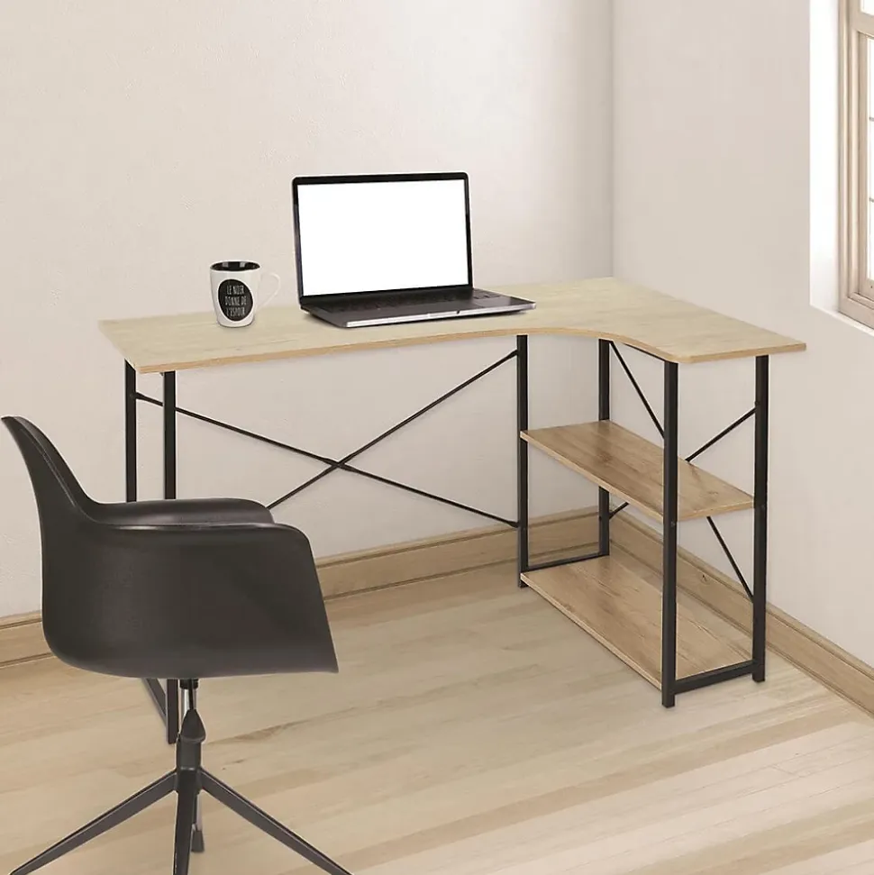 BIWO - Bureau d'Angle Noir et avec 2 Tablettes