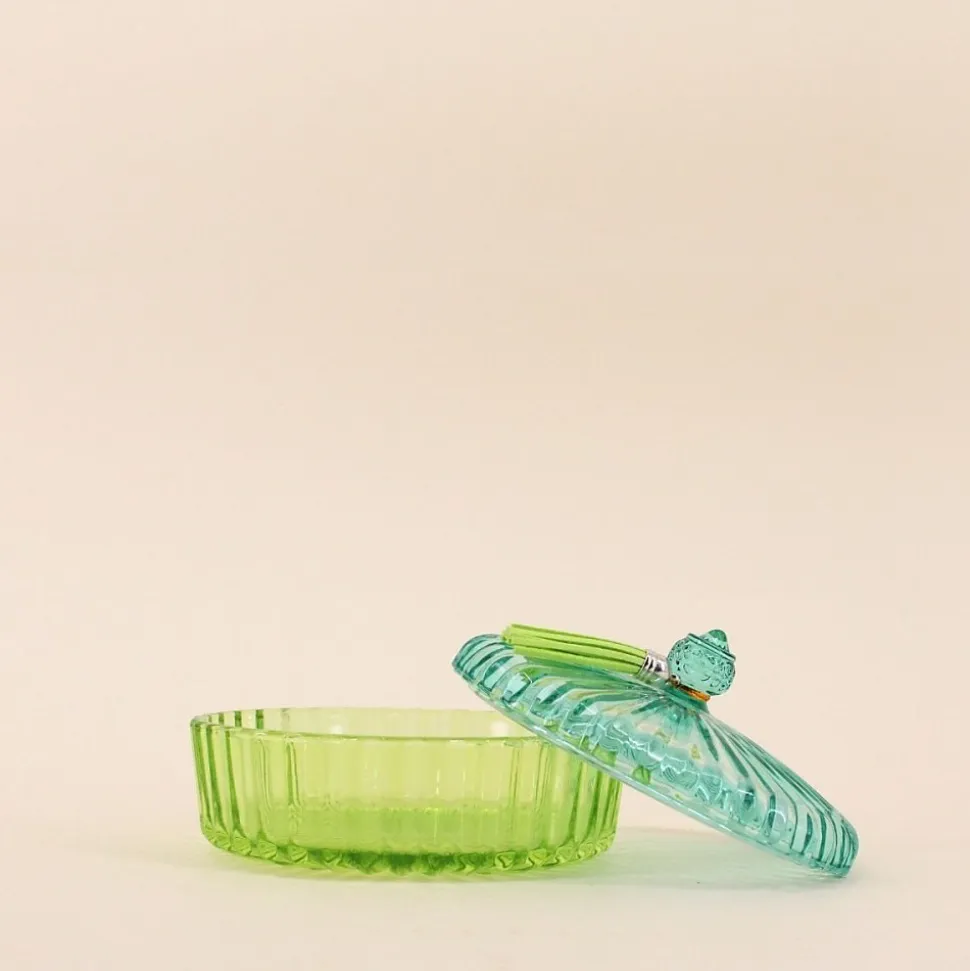 Boîte avec couvercle en verre coloré strié 14x8cm