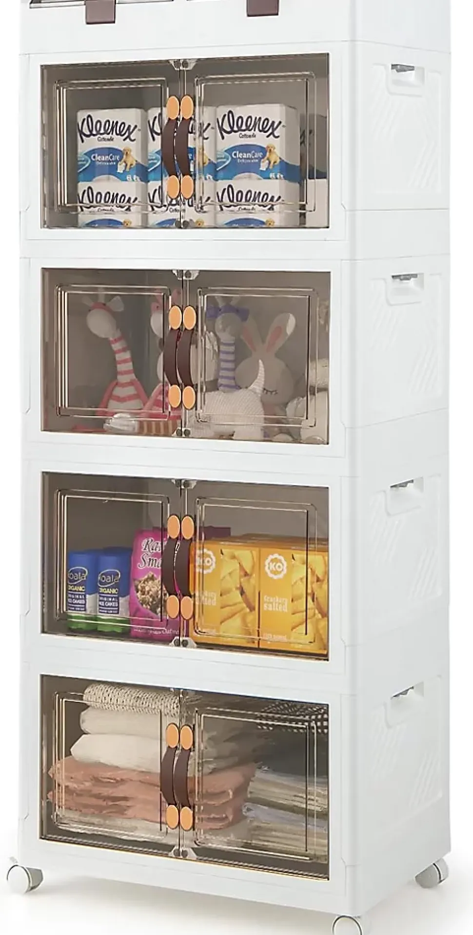 Boîte de Rangement à 4 Niveaux-2 Petits Compartiments Supérieurs et 4 Grands Compartiments à Doubles Portes Blanc