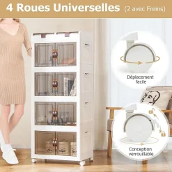 Boîte de Rangement à 4 Niveaux-2 Petits Compartiments Supérieurs et 4 Grands Compartiments à Doubles Portes Blanc