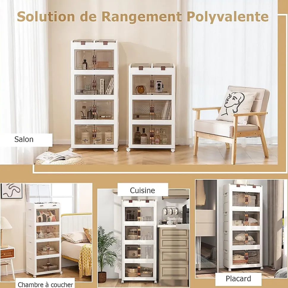Boîte de Rangement à 4 Niveaux-2 Petits Compartiments Supérieurs et 4 Grands Compartiments à Doubles Portes Blanc