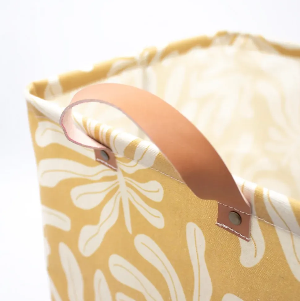 Boîte de rangement carrée en polycoton avec cadre Mixxit motif feuilles jaune et blanc