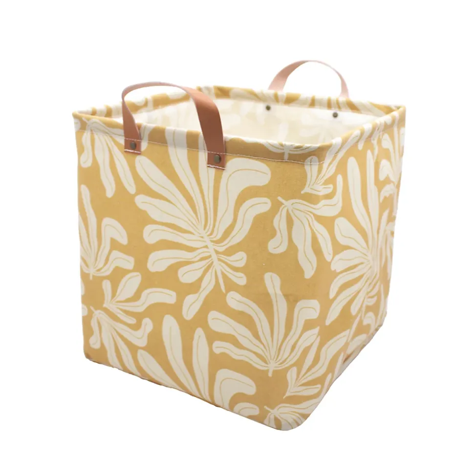 Boîte de rangement carrée en polycoton avec cadre Mixxit motif feuilles jaune et blanc