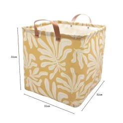 Boîte de rangement carrée en polycoton avec cadre Mixxit motif feuilles jaune et blanc