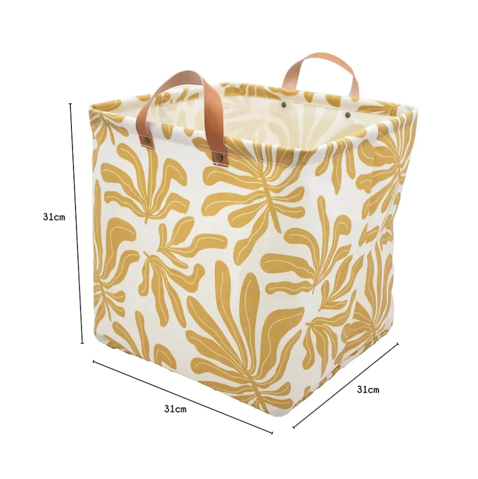 Boîte de rangement carrée en polycoton avec cadre Mixxit motif feuilles blanc et jaune