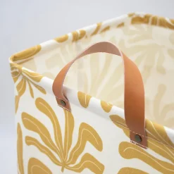 Boîte de rangement carrée en polycoton avec cadre Mixxit motif feuilles blanc et jaune