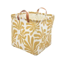 Boîte de rangement carrée en polycoton avec cadre Mixxit motif feuilles blanc et jaune
