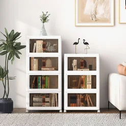 Boîte de Rangement Empilable 4 Bacs de Armoire avec Roues Verrouillables Commode Pliable en PP avec Portes
