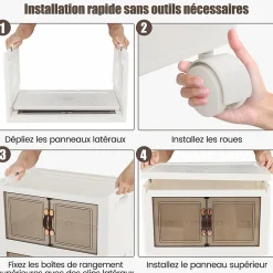 Boîte de Rangement Empilable 4 Bacs de Armoire avec Roues Verrouillables Commode Pliable en PP avec Portes
