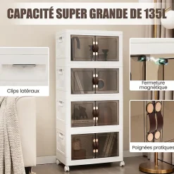 Boîte de Rangement Empilable 4 Bacs de Armoire avec Roues Verrouillables Commode Pliable en PP avec Portes