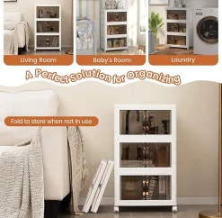 Boîte de Rangement Empilable 3 Bacs de Armoire avec Roues Verrouillables Commode Pliable en PP avec Portes