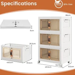 Boîte de Rangement Empilable 3 Bacs de Armoire avec Roues Verrouillables Commode Pliable en PP avec Portes
