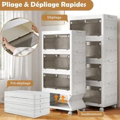 Boîte de Rangement Empliable Couvercle 126 L 168 L Tiroirs à 3 Modes Ouverture 4 Boîtes