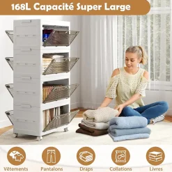 Boîte de Rangement Empliable Couvercle 126 L 168 L Tiroirs à 3 Modes Ouverture 4 Boîtes