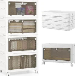 Boîte de Rangement Empliable Couvercle 126 L 168 L Tiroirs à 3 Modes Ouverture 4 Boîtes