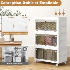 Boîte de Rangement Empliable Couvercle 126 L 168 L Tiroirs à 3 Modes Ouverture 3 Boîtes