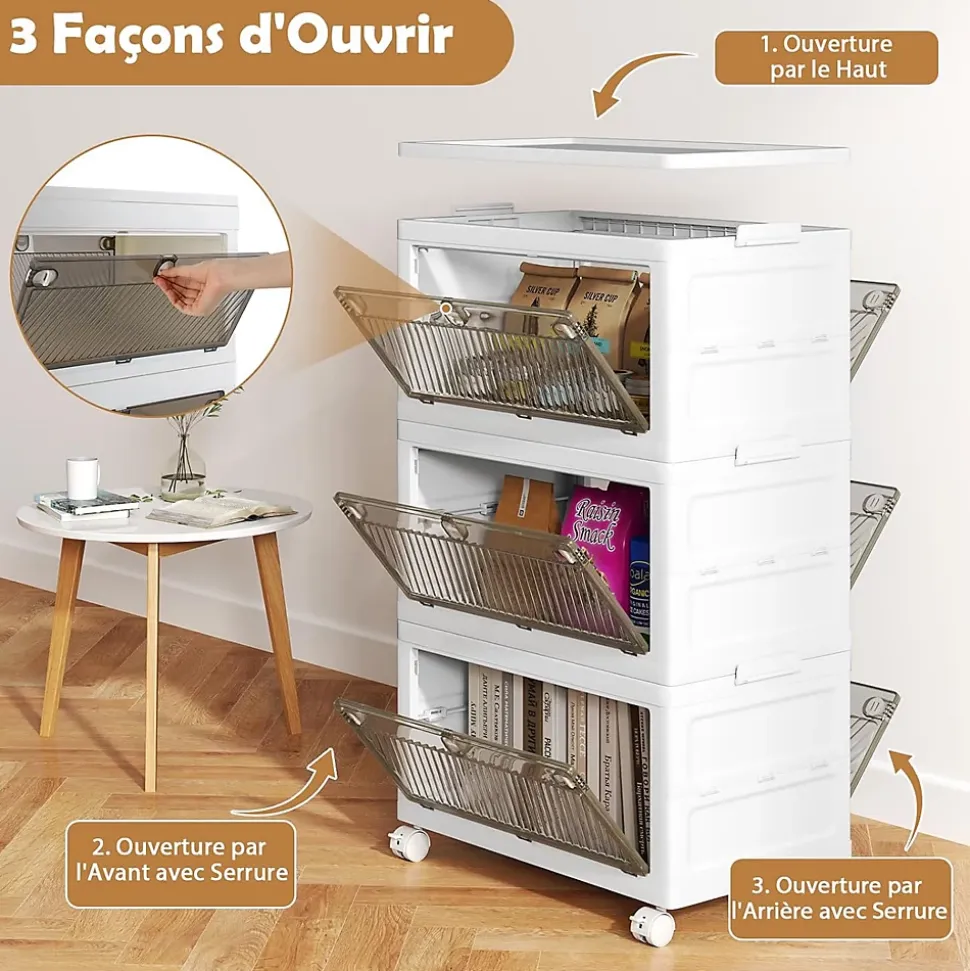 Boîte de Rangement Empliable Couvercle 126 L 168 L Tiroirs à 3 Modes Ouverture 3 Boîtes