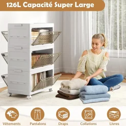 Boîte de Rangement Empliable Couvercle 126 L 168 L Tiroirs à 3 Modes Ouverture 3 Boîtes