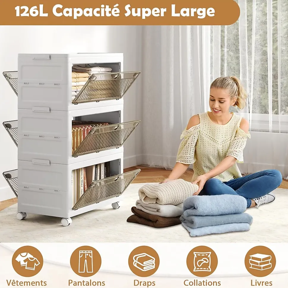 Boîte de Rangement Empliable Couvercle 126 L 168 L Tiroirs à 3 Modes Ouverture 3 Boîtes