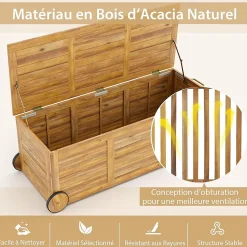Boîte de Rangement 182L Roulant Coffre de Rangement en Bois Acacia à 2 Roues Poignée Latérale Housse Imperméable