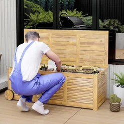 Boîte de Rangement 182L Roulant Coffre de Rangement en Bois Acacia à 2 Roues Poignée Latérale Housse Imperméable