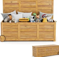 Boîte de Rangement 182L Roulant Coffre de Rangement en Bois Acacia à 2 Roues Poignée Latérale Housse Imperméable