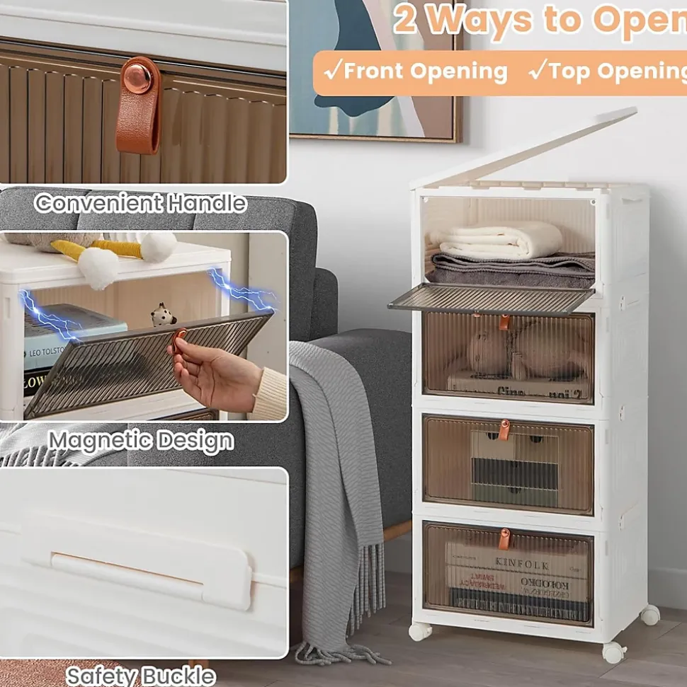 Boîtes de Rangement Empilables Mobile Lot de 4 Bacs avec Couvercle Portes Magnétiques Double Ouverture
