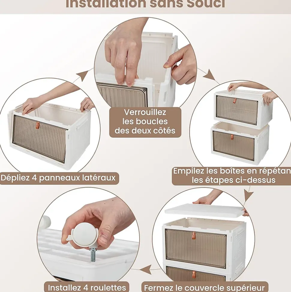Boîtes de Rangement Empilables Mobile Lot de 4 Bacs avec Couvercle Portes Magnétiques Double Ouverture