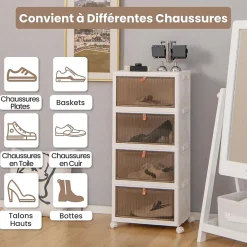 Boîtes de Rangement Empilables Mobile Lot de 4 Bacs avec Couvercle Portes Magnétiques Double Ouverture