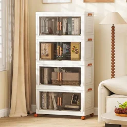 Boîtes de Rangement en Plastique, 280L avec Couvercles, Roues, Portes Avant, Poignées , pour Maison, Bureau (68.5(L),4 Niveaux)