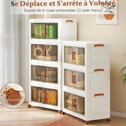 Boîtes de Rangement en Plastique, 280L avec Couvercles, Roues, Portes Avant, Poignées , pour Maison, Bureau (68.5(L),4 Niveaux)