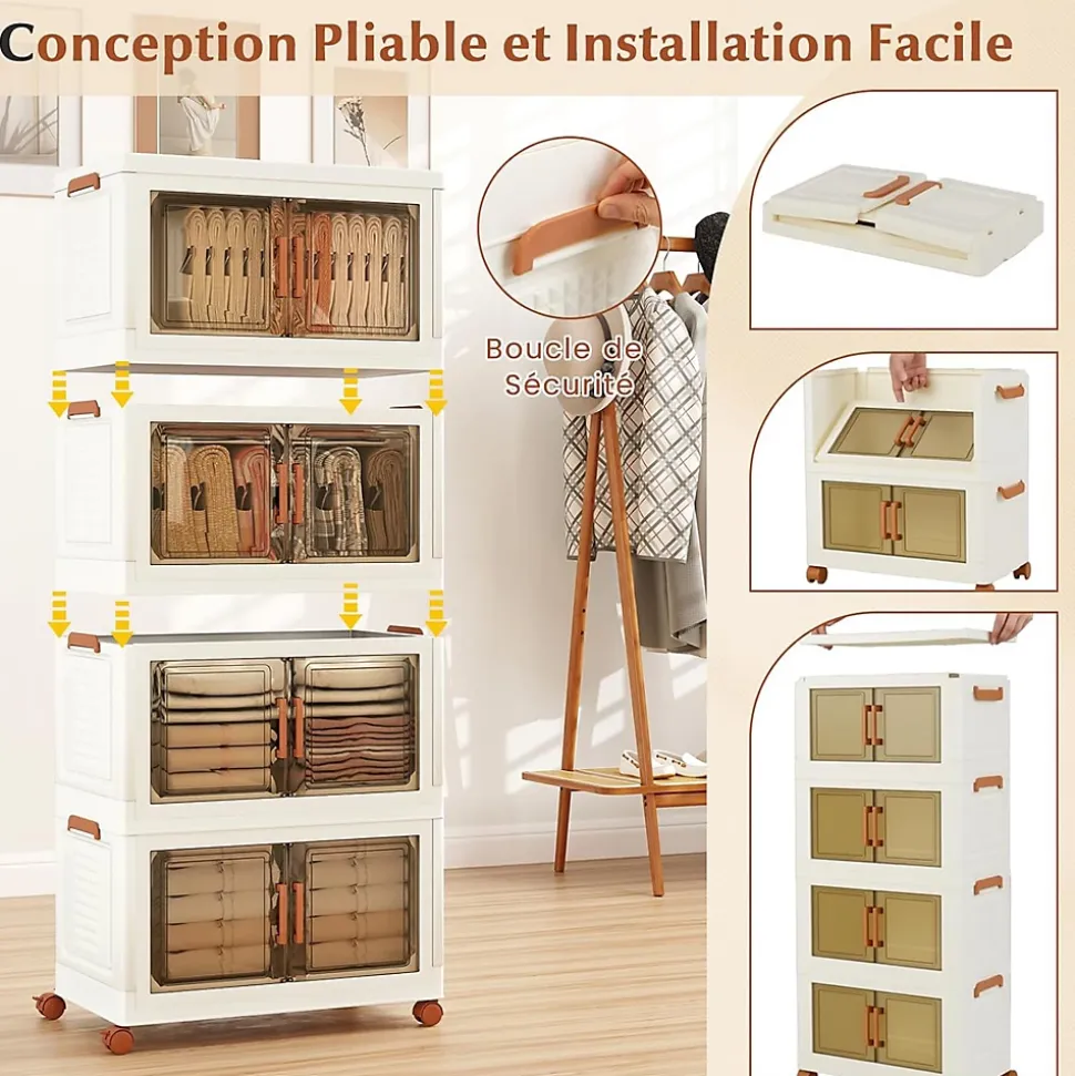 Boîtes de Rangement en Plastique, 280L avec Couvercles, Roues, Portes Avant, Poignées , pour Maison, Bureau (68.5(L),4 Niveaux)