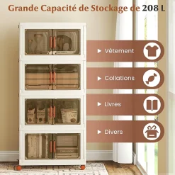 Boîtes de Rangement en Plastique, 208L avec Couvercles, Roues, Portes Avant, Poignées, pour Maison, Bureau (62.5(L),4 Niveaux)