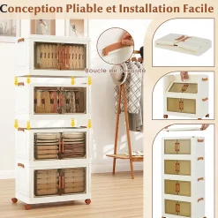 Boîtes de Rangement en Plastique, 208L avec Couvercles, Roues, Portes Avant, Poignées, pour Maison, Bureau (62.5(L),4 Niveaux)
