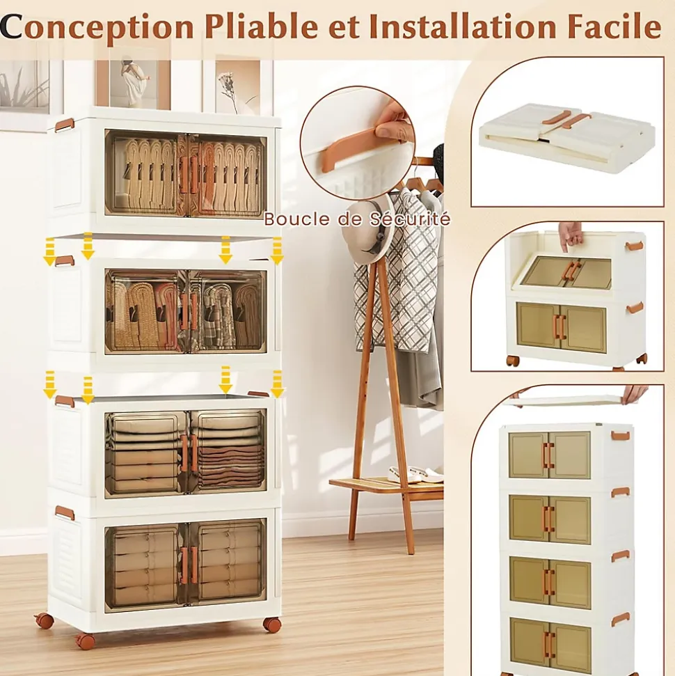 Boîtes de Rangement en Plastique, 208L avec Couvercles, Roues, Portes Avant, Poignées, pour Maison, Bureau (62.5(L),4 Niveaux)
