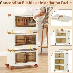 Boîtes de Rangement en Plastique,avec Couvercles, Roues, Portes Avant, Poignées, pour Maison, Bureau (68.5(L),3 Niveaux)