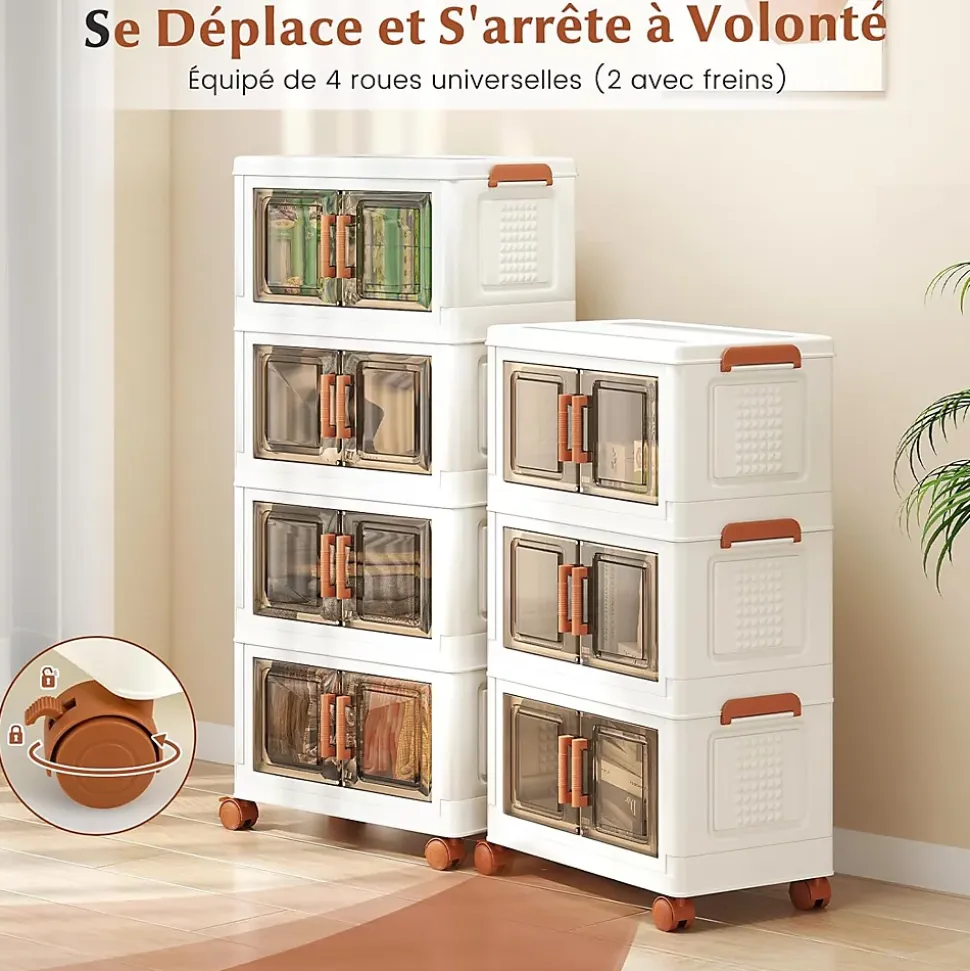 Boîtes de Rangement en Plastique, 57L avec Couvercles, Roues , Portes Avant, Poignées , pour Maison, Bureau (43.5(L),3 Niveaux)