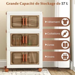 Boîtes de Rangement en Plastique, 57L avec Couvercles, Roues , Portes Avant, Poignées , pour Maison, Bureau (43.5(L),3 Niveaux)