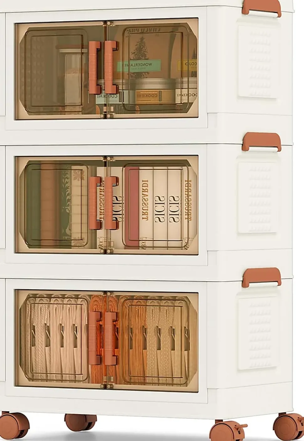 Boîtes de Rangement en Plastique, 57L avec Couvercles, Roues , Portes Avant, Poignées , pour Maison, Bureau (43.5(L),3 Niveaux)