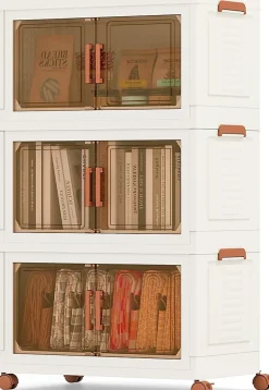 Boîtes de Rangement en Plastique,156L avec Couvercles, Roues, Portes Avant, Poignées, pour Maison, Bureau (62.5(L),3 Niveaux)