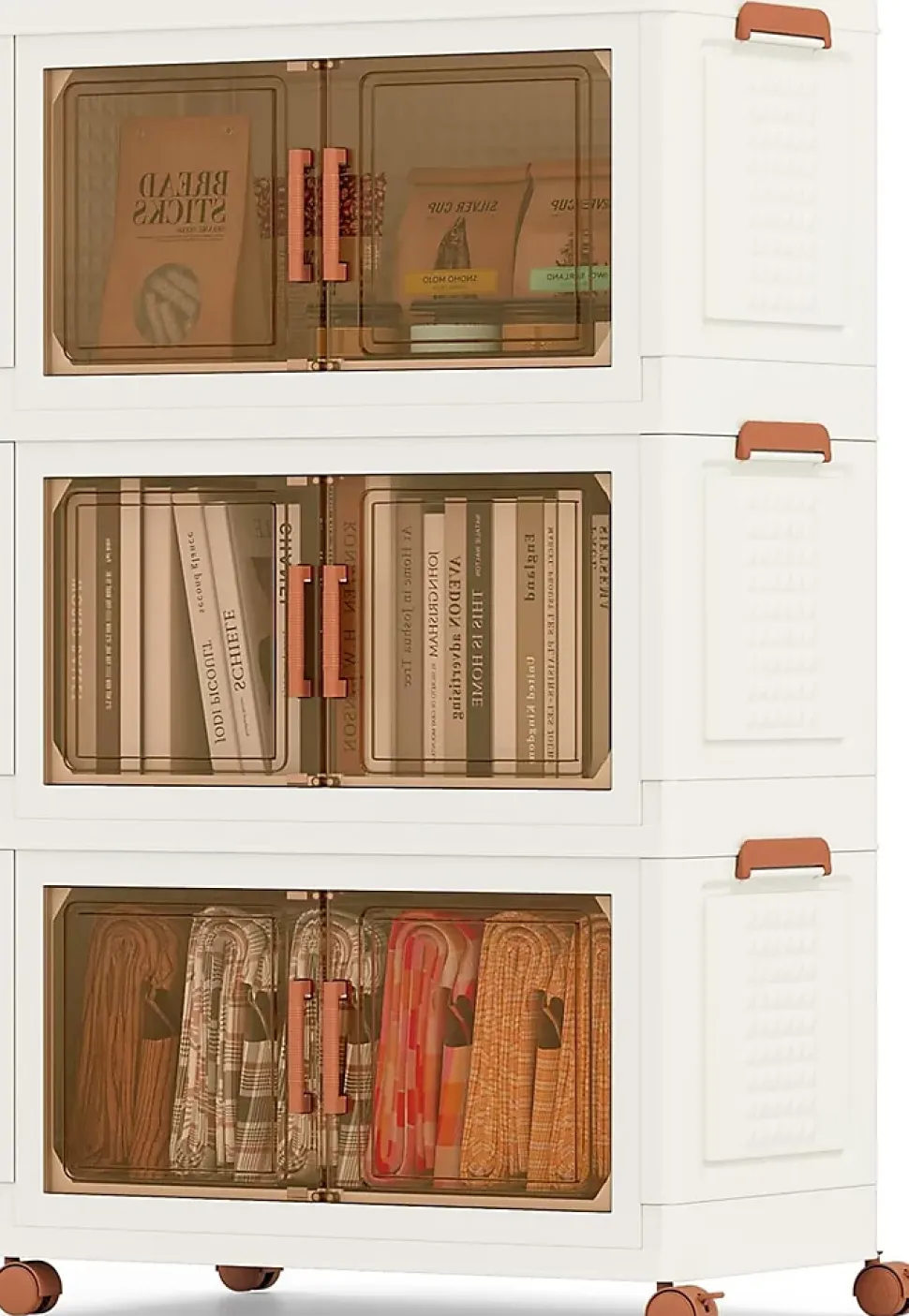 Boîtes de Rangement en Plastique,156L avec Couvercles, Roues, Portes Avant, Poignées, pour Maison, Bureau (62.5(L),3 Niveaux)