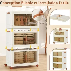 Boîtes de Rangement en Plastique,156L avec Couvercles, Roues, Portes Avant, Poignées, pour Maison, Bureau (62.5(L),3 Niveaux)