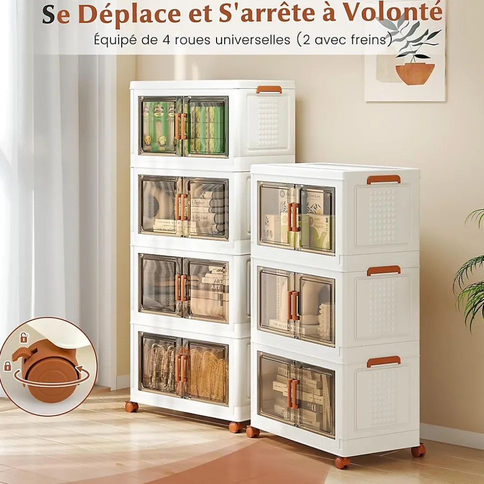 Boîtes de Rangement en Plastique,156L avec Couvercles, Roues, Portes Avant, Poignées, pour Maison, Bureau (62.5(L),3 Niveaux)
